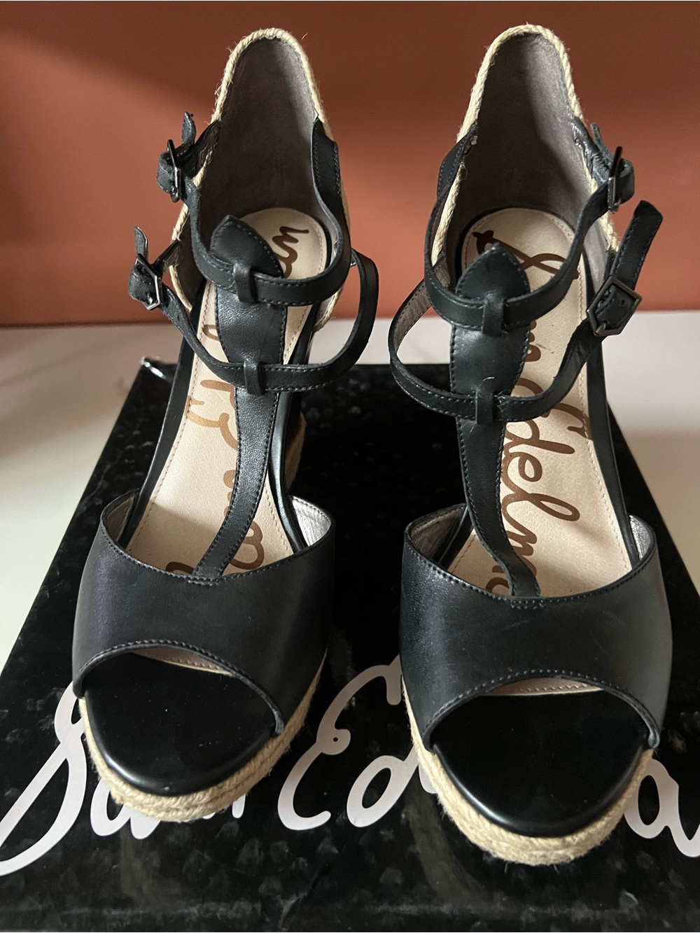 Sam Edelman Black Leather T-Strap Espadrille Wedges